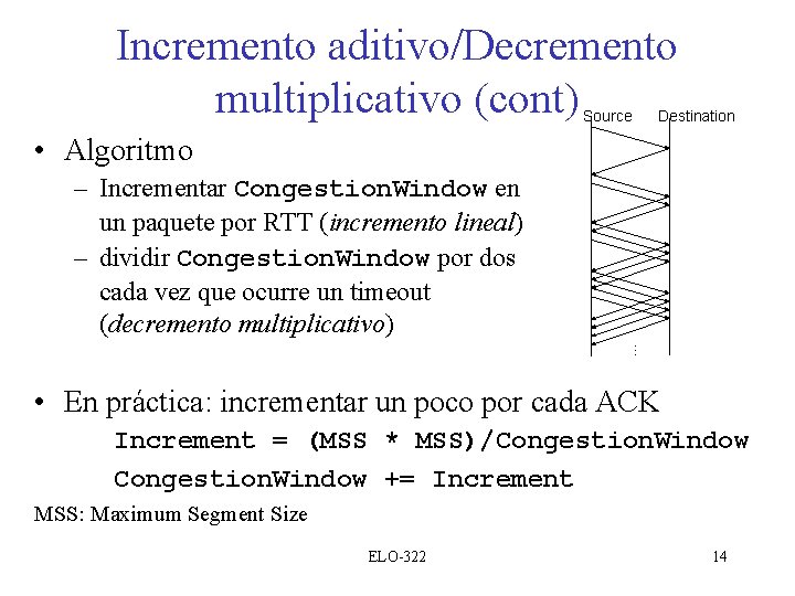 Incremento aditivo/Decremento multiplicativo (cont) Source Destination • Algoritmo … – Incrementar Congestion. Window en