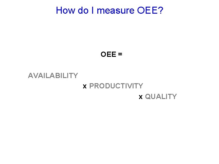 How do I measure OEE? OEE = AVAILABILITY x PRODUCTIVITY x QUALITY 