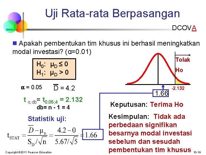 Uji Rata-rata Berpasangan DCOVA n Apakah pembentukan tim khusus ini berhasil meningkatkan modal investasi?