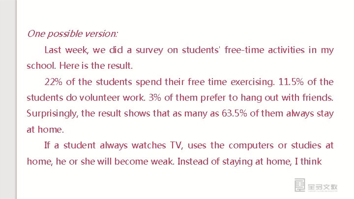 One possible version: Last week, we did a survey on students' free-time activities in