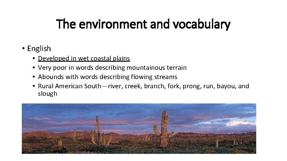 The environment and vocabulary • English • • Developed in wet coastal plains Very