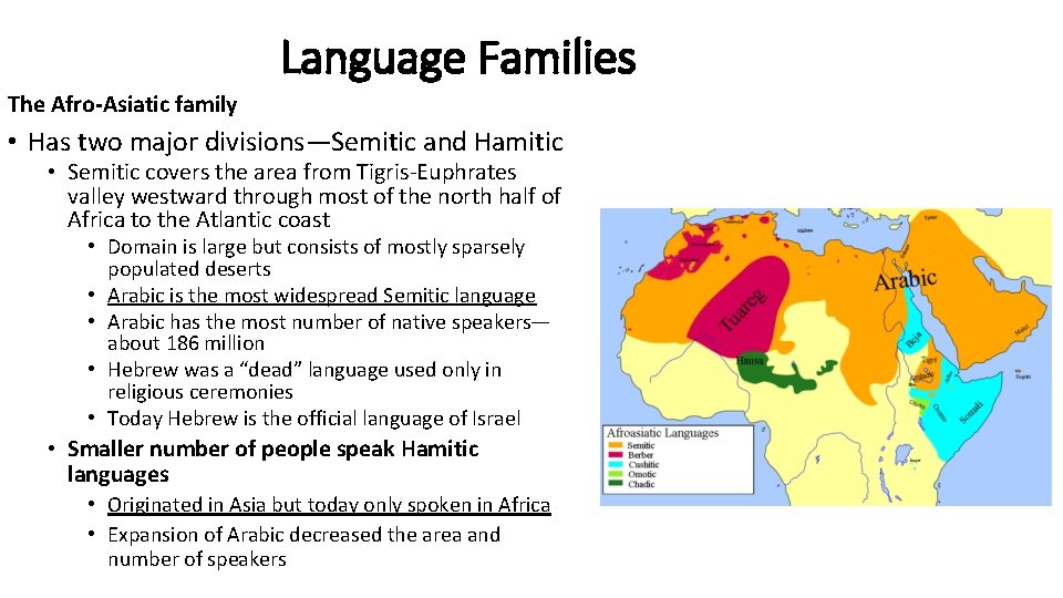 Language Families The Afro-Asiatic family • Has two major divisions—Semitic and Hamitic • Semitic