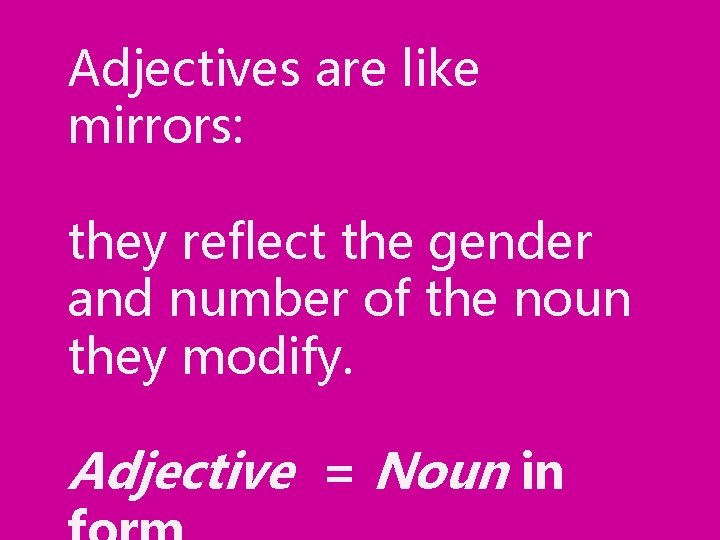 Adjectives are like mirrors: they reflect the gender and number of the noun they