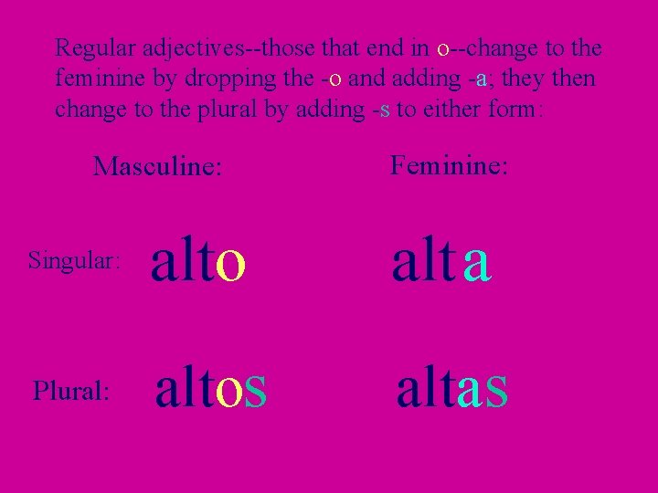 Regular adjectives--those that end in o--change to the feminine by dropping the -o and