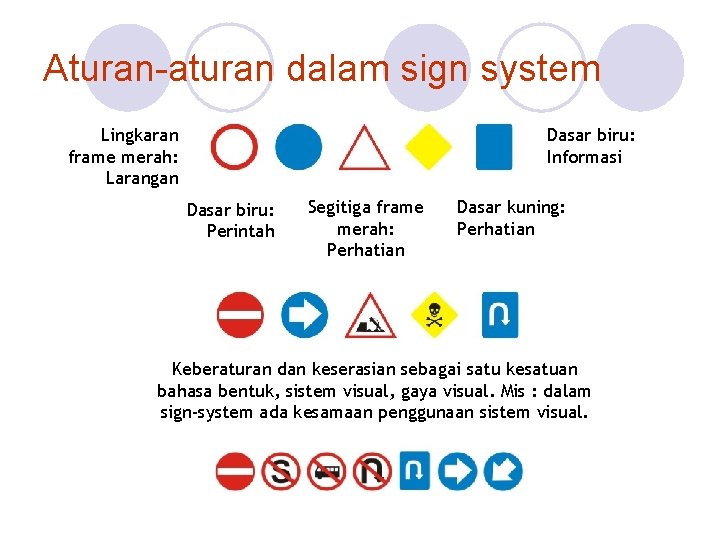 Aturan-aturan dalam sign system Lingkaran frame merah: Larangan Dasar biru: Informasi Dasar biru: Perintah