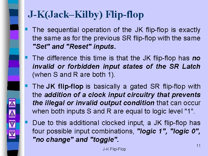 J-K(Jack–Kilby) Flip-flop § The sequential operation of the JK flip-flop is exactly the same J-K(Jack–Kilby) Flip-flop § The sequential operation of the JK flip-flop is exactly the same