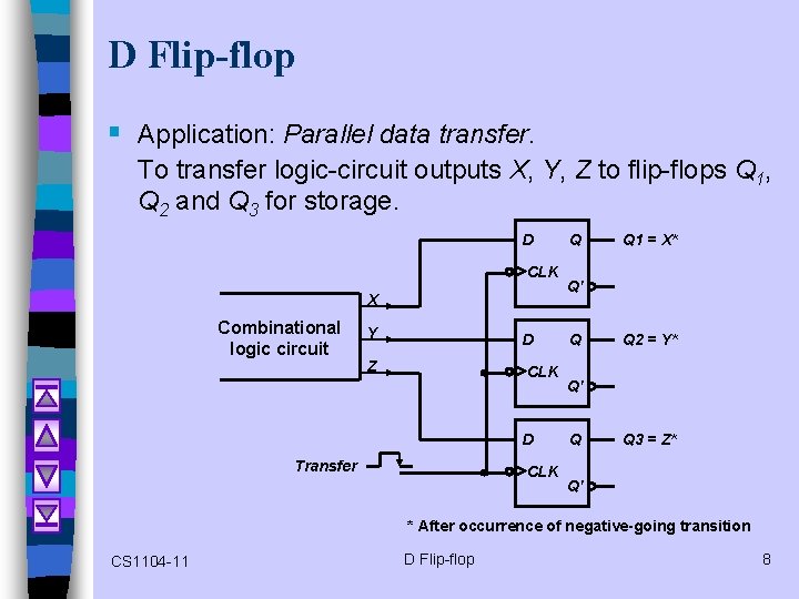 D Flip-flop § Application: Parallel data transfer. To transfer logic-circuit outputs X, Y, Z D Flip-flop § Application: Parallel data transfer. To transfer logic-circuit outputs X, Y, Z