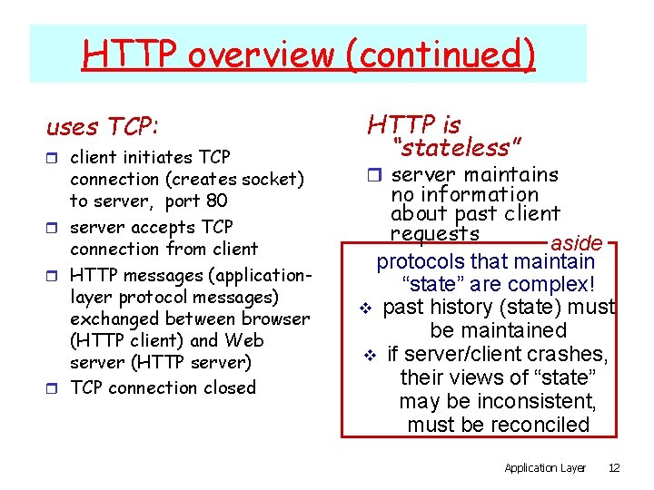 HTTP overview (continued) uses TCP: r client initiates TCP connection (creates socket) to server,