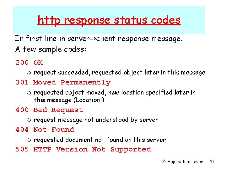 http response status codes In first line in server->client response message. A few sample