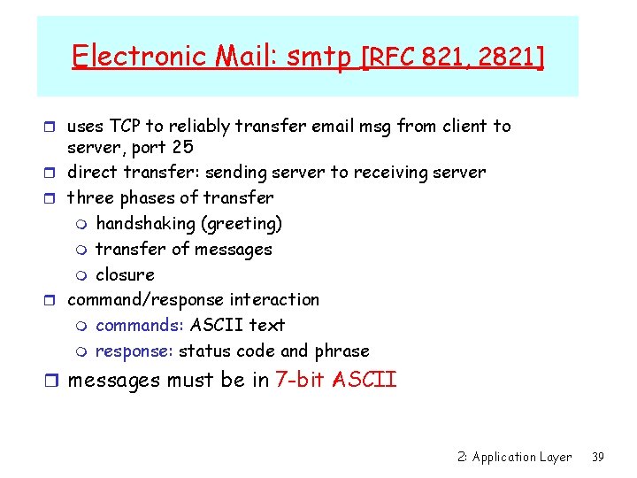 Electronic Mail: smtp [RFC 821, 2821] r uses TCP to reliably transfer email msg