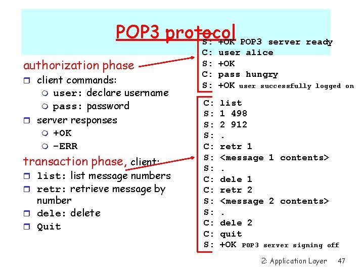 POP 3 protocol S: +OK POP 3 authorization phase r client commands: user: declare