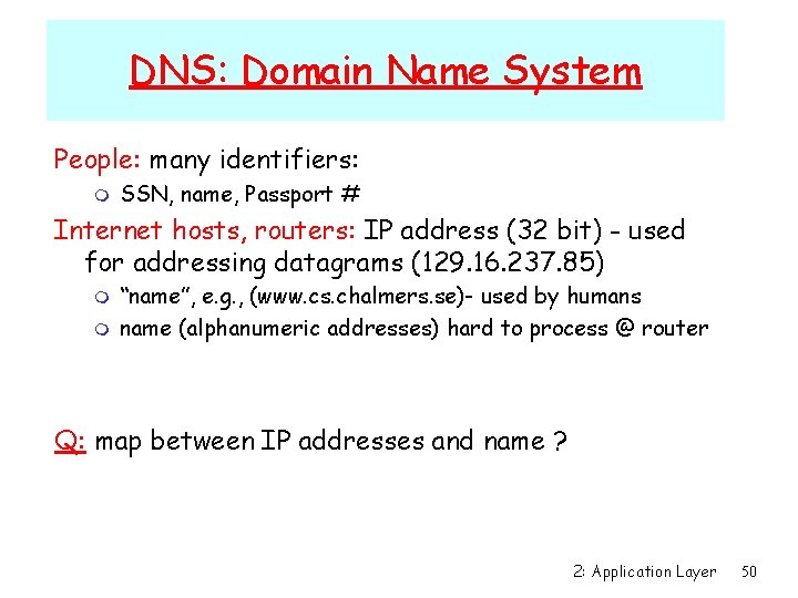 DNS: Domain Name System People: many identifiers: m SSN, name, Passport # Internet hosts,