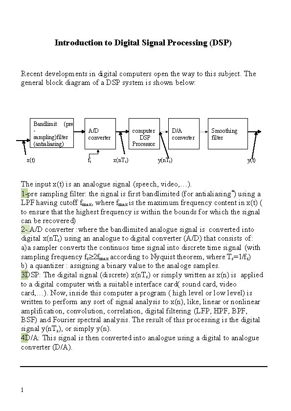 Introduction to Digital Signal Processing (DSP) Recent developments in digital computers open the way