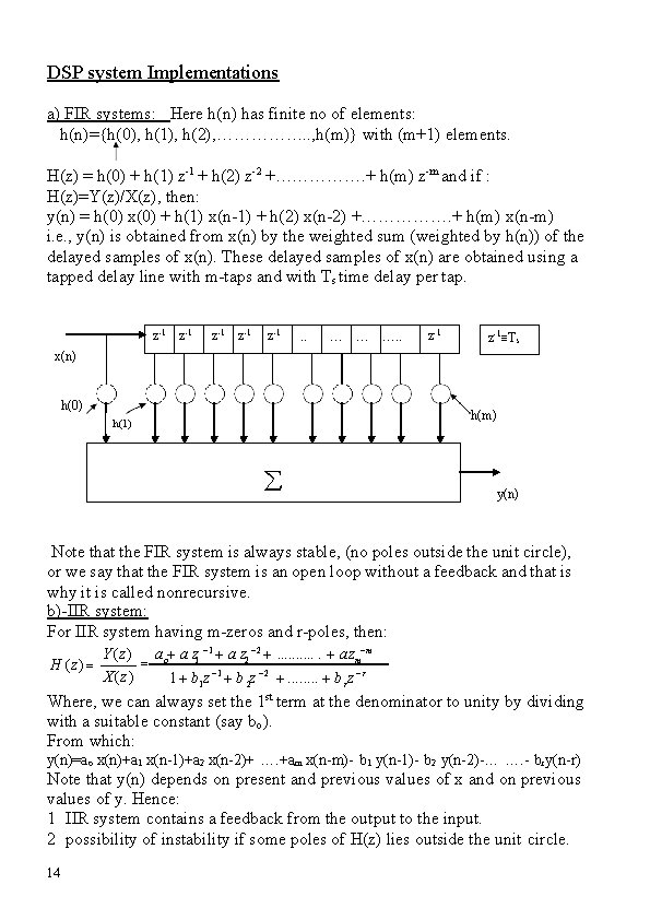 DSP system Implementations a) FIR systems: Here h(n) has finite no of elements: h(n)={h(0),