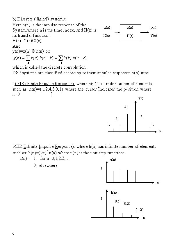 b) Discrete (digital) systems: Here h(n) is the impulse response of the System, where