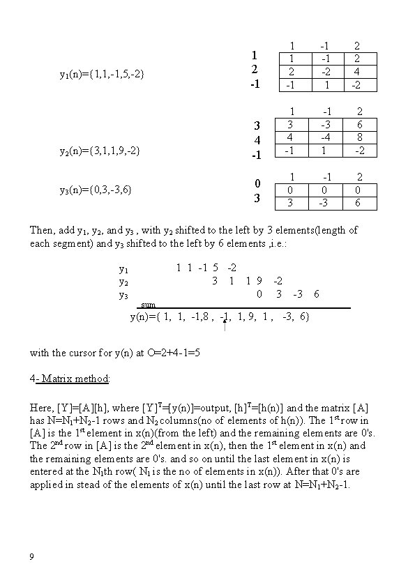 y 1(n)={1, 1, -1, 5, -2} y 2(n)={3, 1, 1, 9, -2} y 3(n)={0,