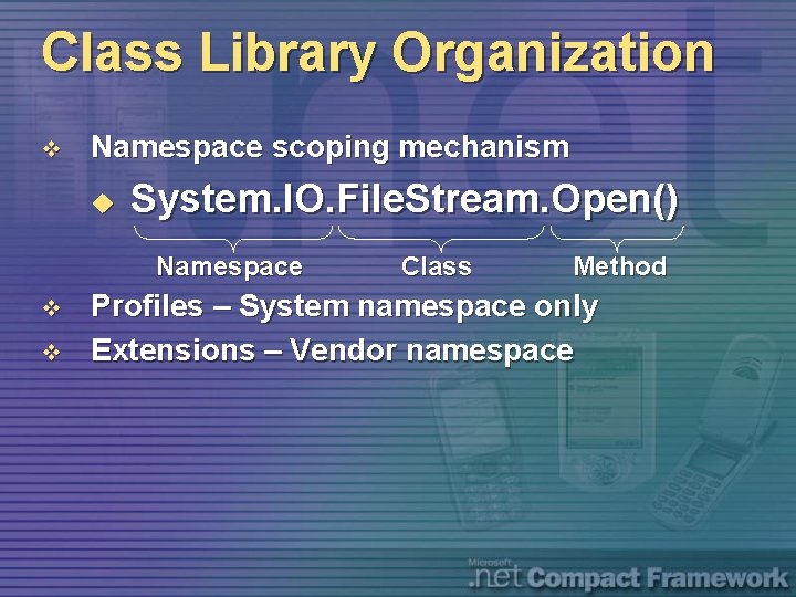 Class Library Organization v Namespace scoping mechanism u System. IO. File. Stream. Open() Namespace