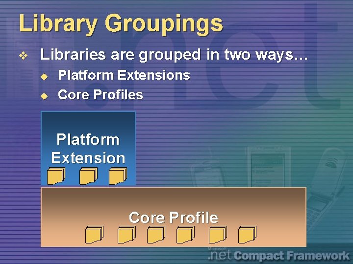 Library Groupings v Libraries are grouped in two ways… u u Platform Extensions Core