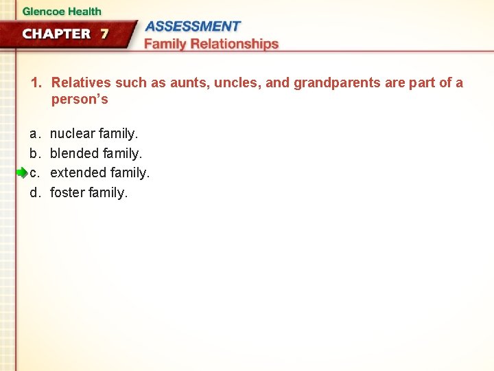 1. Relatives such as aunts, uncles, and grandparents are part of a person’s a.