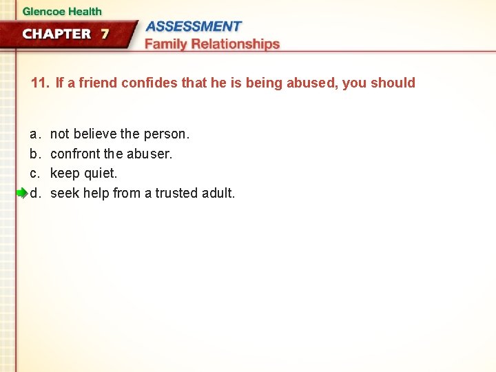 11. If a friend confides that he is being abused, you should a. b.