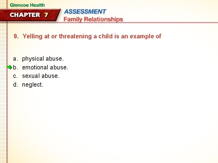 9. Yelling at or threatening a child is an example of a. b. c.