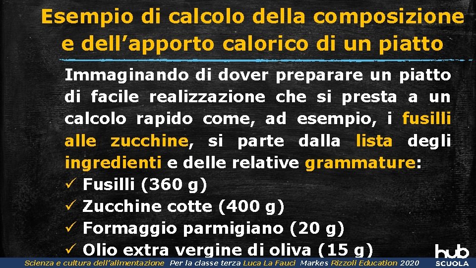 Esempio di calcolo della composizione e dell’apporto calorico di un piatto Immaginando di dover