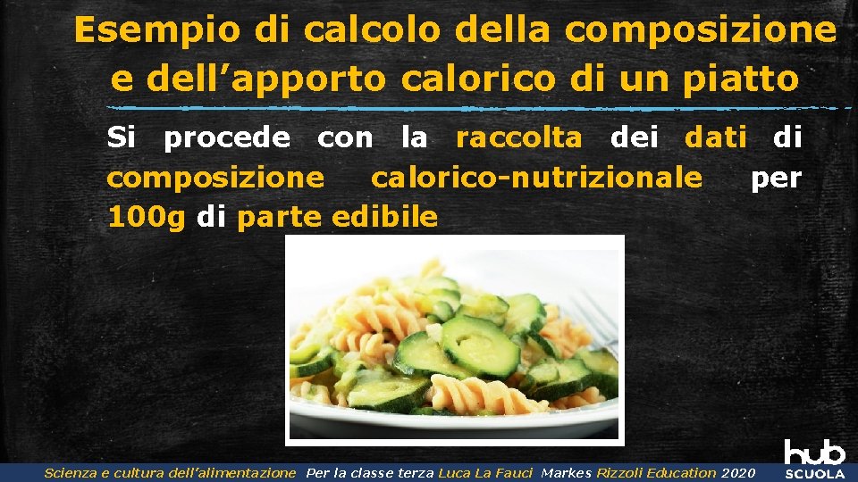 Esempio di calcolo della composizione e dell’apporto calorico di un piatto Si procede con