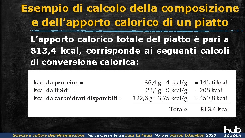 Esempio di calcolo della composizione e dell’apporto calorico di un piatto L’apporto calorico totale