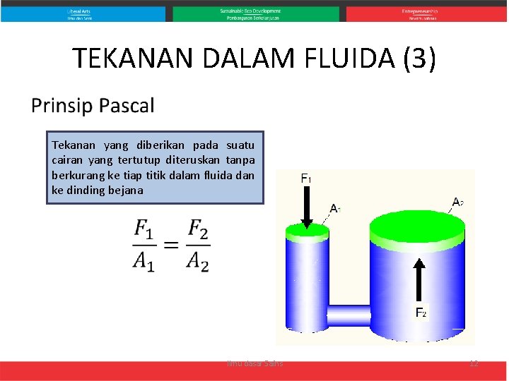 TEKANAN DALAM FLUIDA (3) • Tekanan yang diberikan pada suatu cairan yang tertutup diteruskan