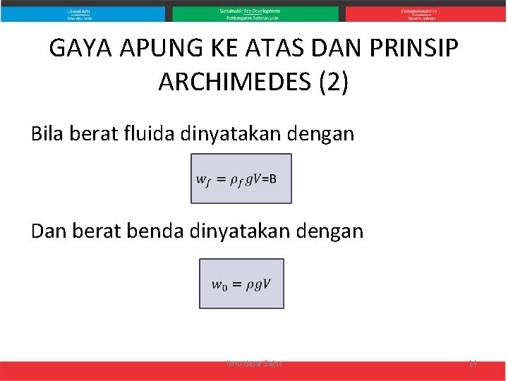 GAYA APUNG KE ATAS DAN PRINSIP ARCHIMEDES (2) Bila berat fluida dinyatakan dengan Dan