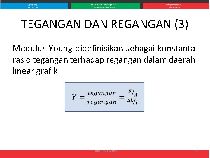 TEGANGAN DAN REGANGAN (3) Modulus Young didefinisikan sebagai konstanta rasio tegangan terhadap regangan dalam