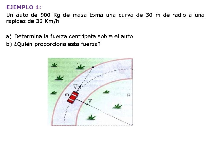 EJEMPLO 1: Un auto de 900 Kg de masa toma una curva de 30