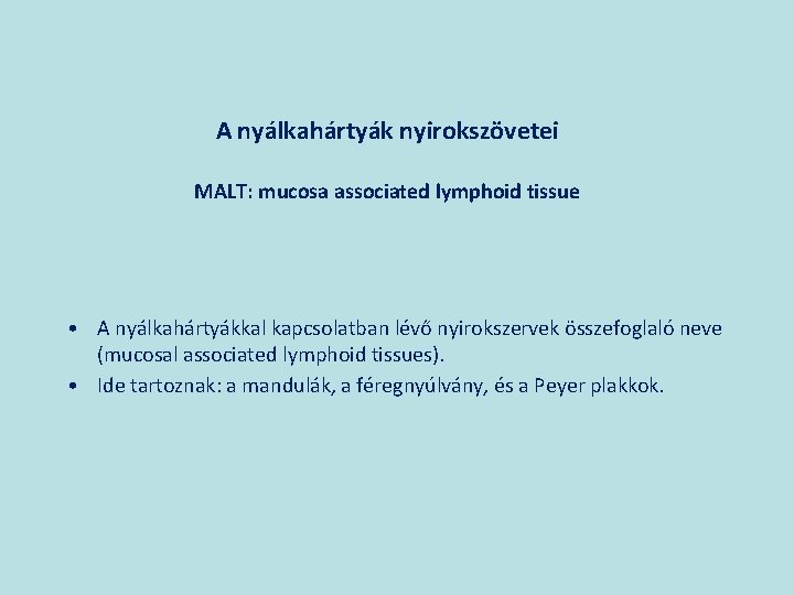 A nyálkahártyák nyirokszövetei MALT: mucosa associated lymphoid tissue • A nyálkahártyákkal kapcsolatban lévő nyirokszervek