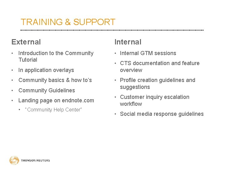 TRAINING & SUPPORT External Internal • Introduction to the Community Tutorial • Internal GTM