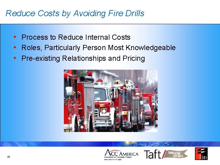 Reduce Costs by Avoiding Fire Drills • Process to Reduce Internal Costs • Roles,