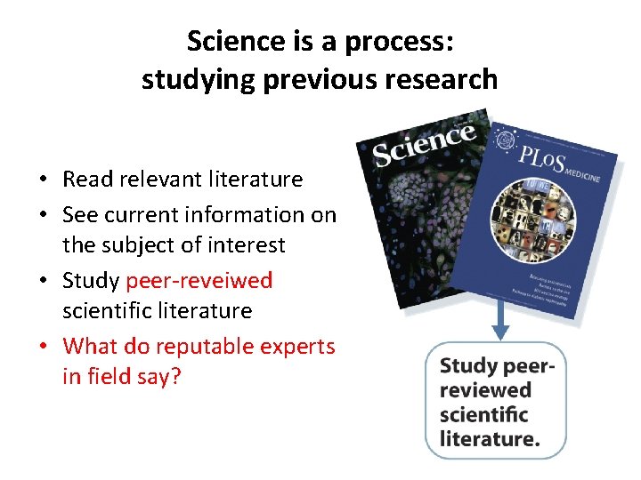 Science is a process: studying previous research • Read relevant literature • See current
