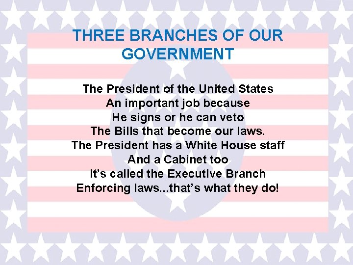 THREE BRANCHES OF OUR GOVERNMENT The President of the United States An important job