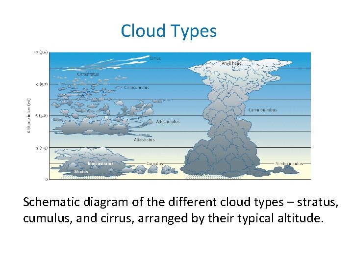 Cloud Types Schematic diagram of the different cloud types – stratus, cumulus, and cirrus,