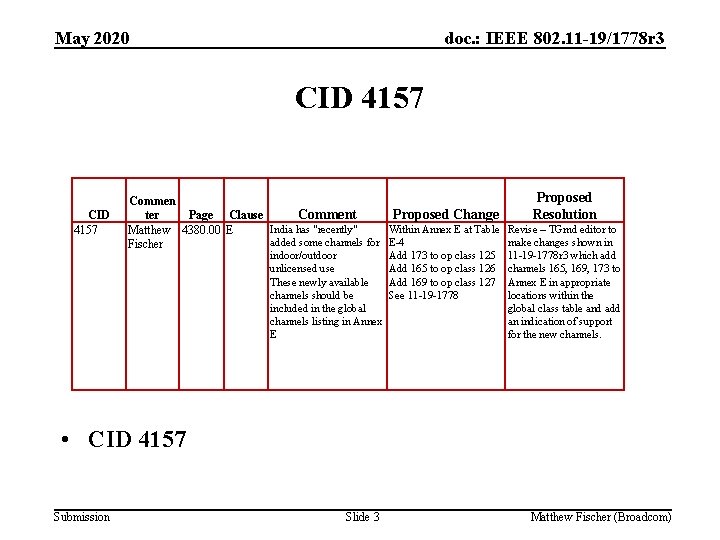 May 2020 doc. : IEEE 802. 11 -19/1778 r 3 CID 4157 Proposed Comment