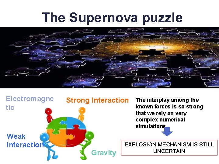 The Supernova puzzle Electromagne tic Weak Interaction Strong Interaction Gravity The interplay among the