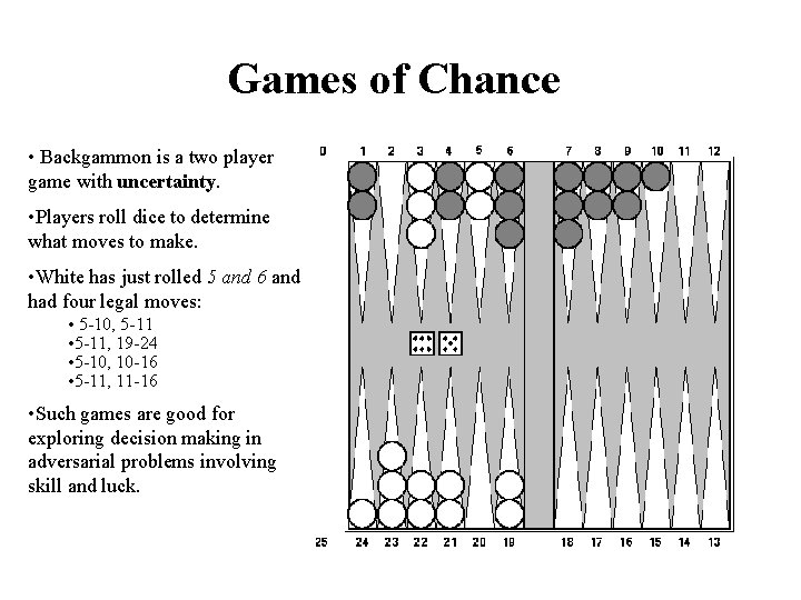 Games of Chance • Backgammon is a two player game with uncertainty. • Players