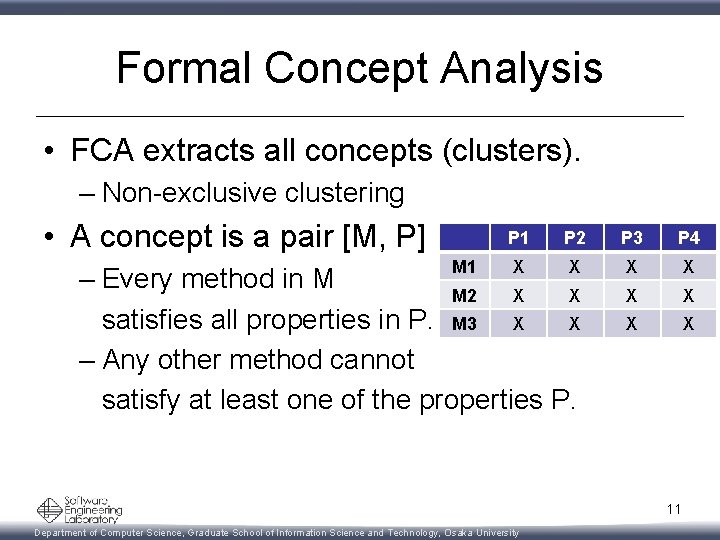 Formal Concept Analysis • FCA extracts all concepts (clusters). – Non-exclusive clustering • A