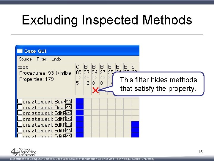 Excluding Inspected Methods This filter hides methods that satisfy the property. 16 Department of