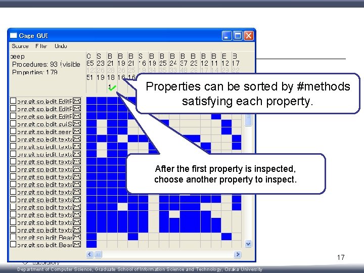 Properties can be sorted by #methods satisfying each property. After the first property is