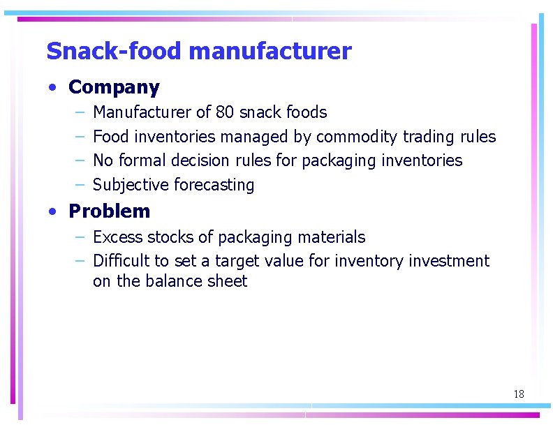 Snack-food manufacturer • Company – – Manufacturer of 80 snack foods Food inventories managed