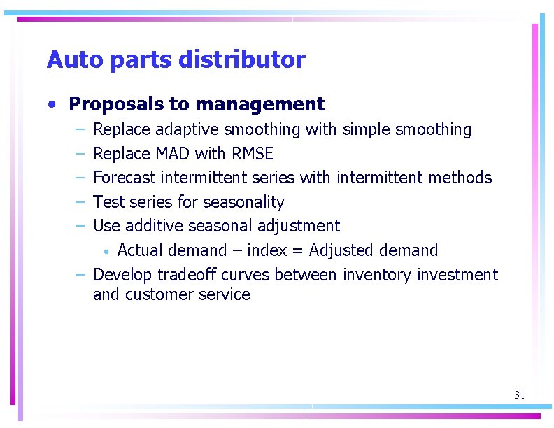 Auto parts distributor • Proposals to management – – – Replace adaptive smoothing with