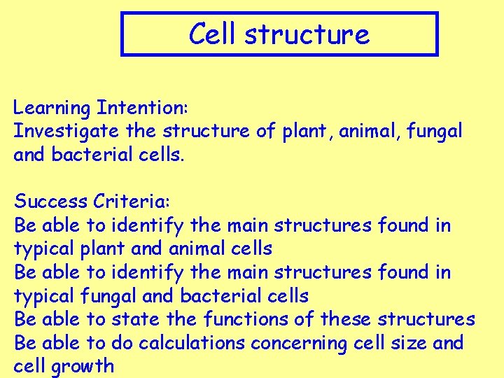 Cell structure Learning Intention: Investigate the structure of plant, animal, fungal and bacterial cells.