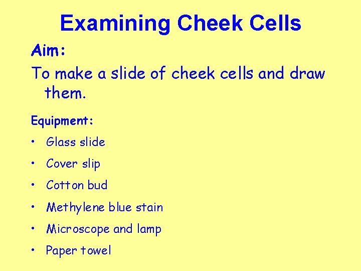 Examining Cheek Cells Aim: To make a slide of cheek cells and draw them.