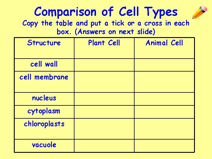 Comparison of Cell Types Copy the table and put a tick or a cross