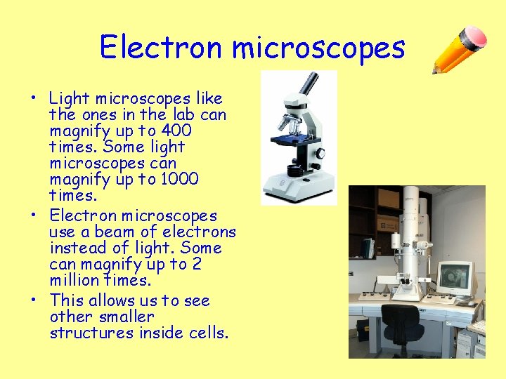 Electron microscopes • Light microscopes like the ones in the lab can magnify up